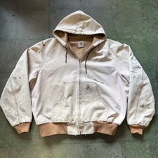 Vintage Carhartt Hooded Workwear Tan Distressed Paint Splatter Jacket Mens L