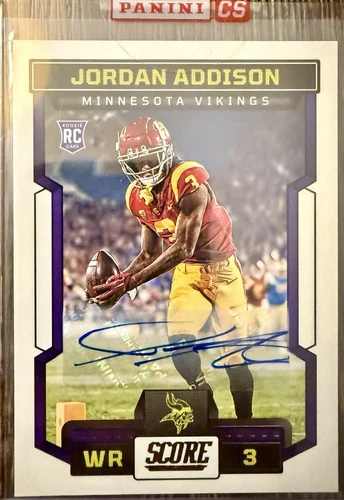 Jordan Addison 2023 Panini Score #346 Rookie Auto Vikings Sealed Redemption