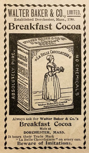 1896 AD.(PC7)~WALTER BAKER CO. DORCHESTER, MASS. BAKERS BREAKFAST COCOA