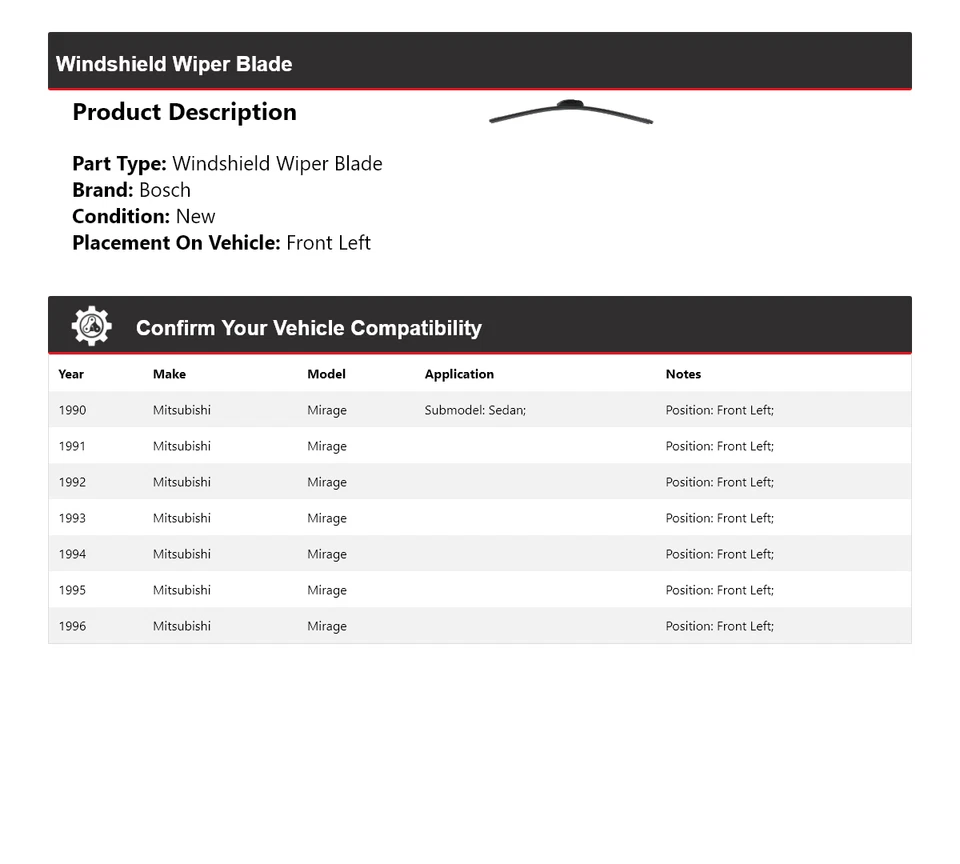 For 1990-1996 Mitsubishi Mirage Bosch ICON Windshield Wiper Blade Front Left - Image 2 of 3