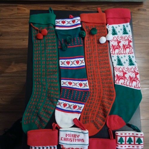 Vtg Set Of 8 Sweater Christmas Stockings w/ PomPoms 24" Long - Picture 2 of 3