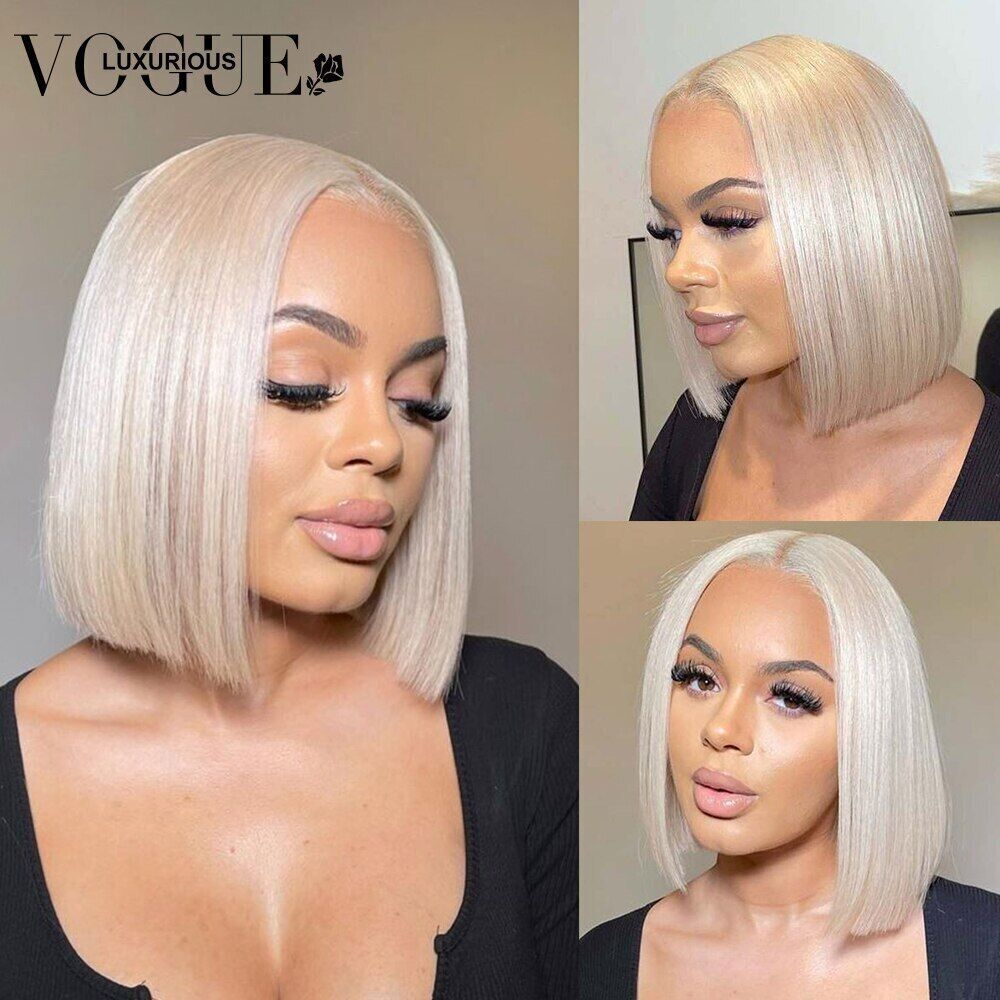 60 Platinum Blonde Lace Frontal Human Hair Wig Bob Lace Wigs Preplucked Pixie eBay