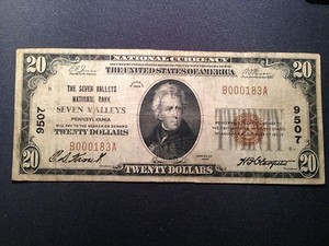1929 T-1 $20 The Seven Valleys National Bank PA RARE York County