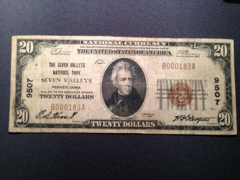 1929 T-1 $20 The Seven Valleys National Bank PA RARE York County