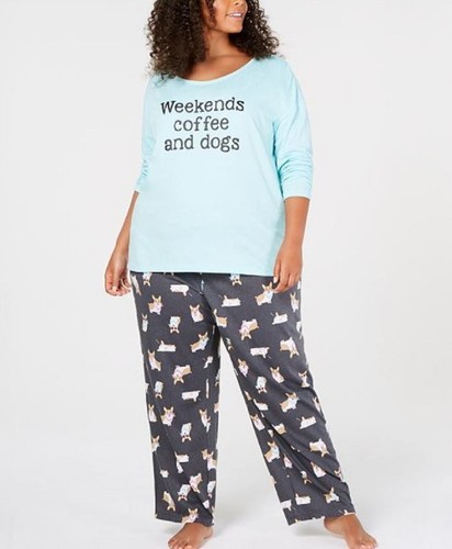 Jenni by Jennifer Moore Women's Plus PJ Set Aqua Weekend Sleeping Corgi 2X - Picture 2 of 2