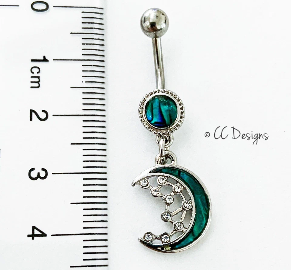 14g Faux Mother Of Pearl Inlay Green Blue Crescent Moon Dangle Bely Ring (B249) - Image 3 of 3