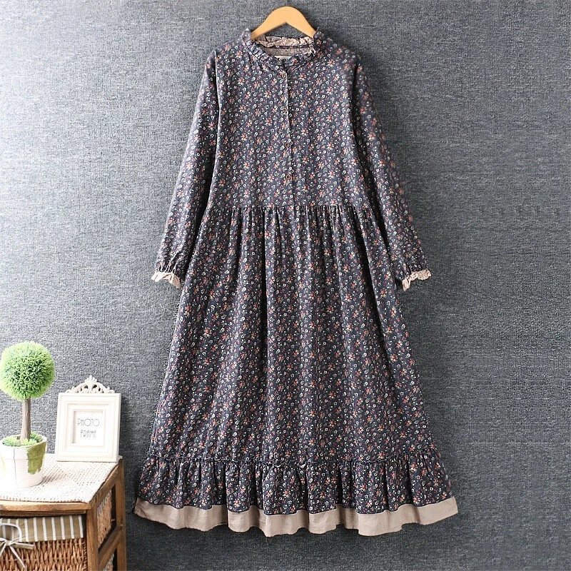 Women Floral Tunic Dress Retro Cotton Long Sleeve Midi Pastoral Mori Girl Dress - Image 2 of 4