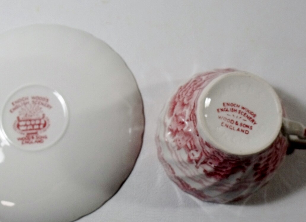 2 Enoch Wood's Wood & Sons ENGLISH SCENERY PINK SWIRLED Cups