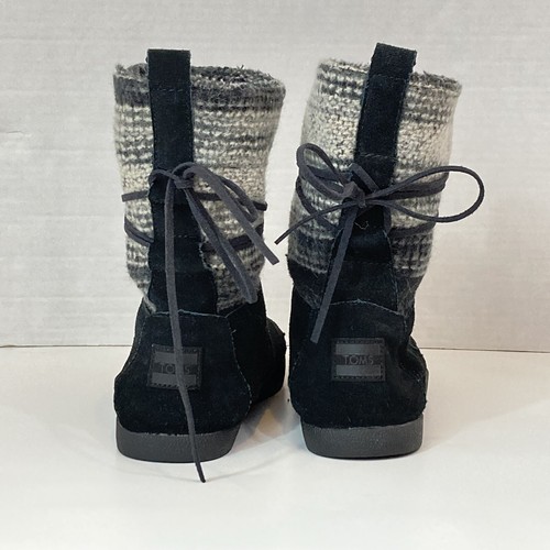 Toms Nepal Black Gray Mid Calf Boots Suede Leather Faux Fur Striped Size 6 - Picture 4 of 9