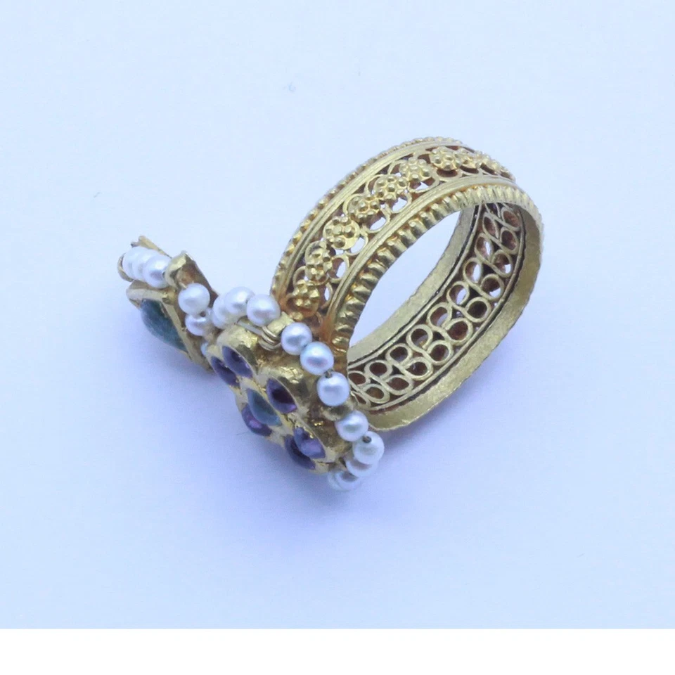 Antique / vintage ring 18k gold sapphires rubies pearl Indian lacy (7251) - Image 3 of 4