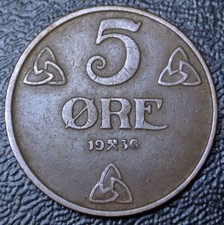 1936 NORWAY - 5 ORE - BRONZE - WWII era - NICE DETAILS
