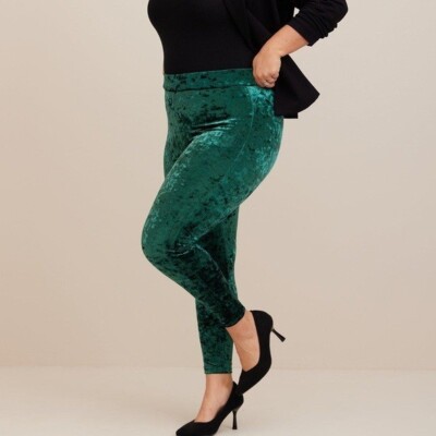 Torrid Leggings 0X (L) Green Crushed Velvet Full Length Mid Rise