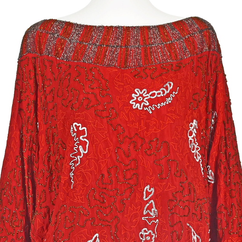 Vintage Red Silk Dolman Sleeve Beaded & Embroidered Party Blouse SIZE XL 1X - Picture 2 of 6