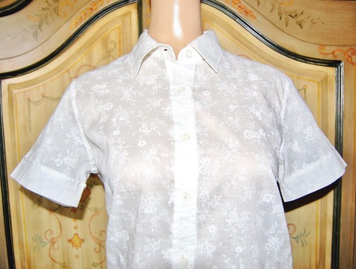 DKNY Donna Karen Classic Button Front Blouse White ~ Textured Floral Print Sz 8