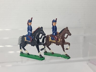 2 Vintage Cast Lead Soldiers Horse Mounted Semi Flat Hand Painted Cavalry 
