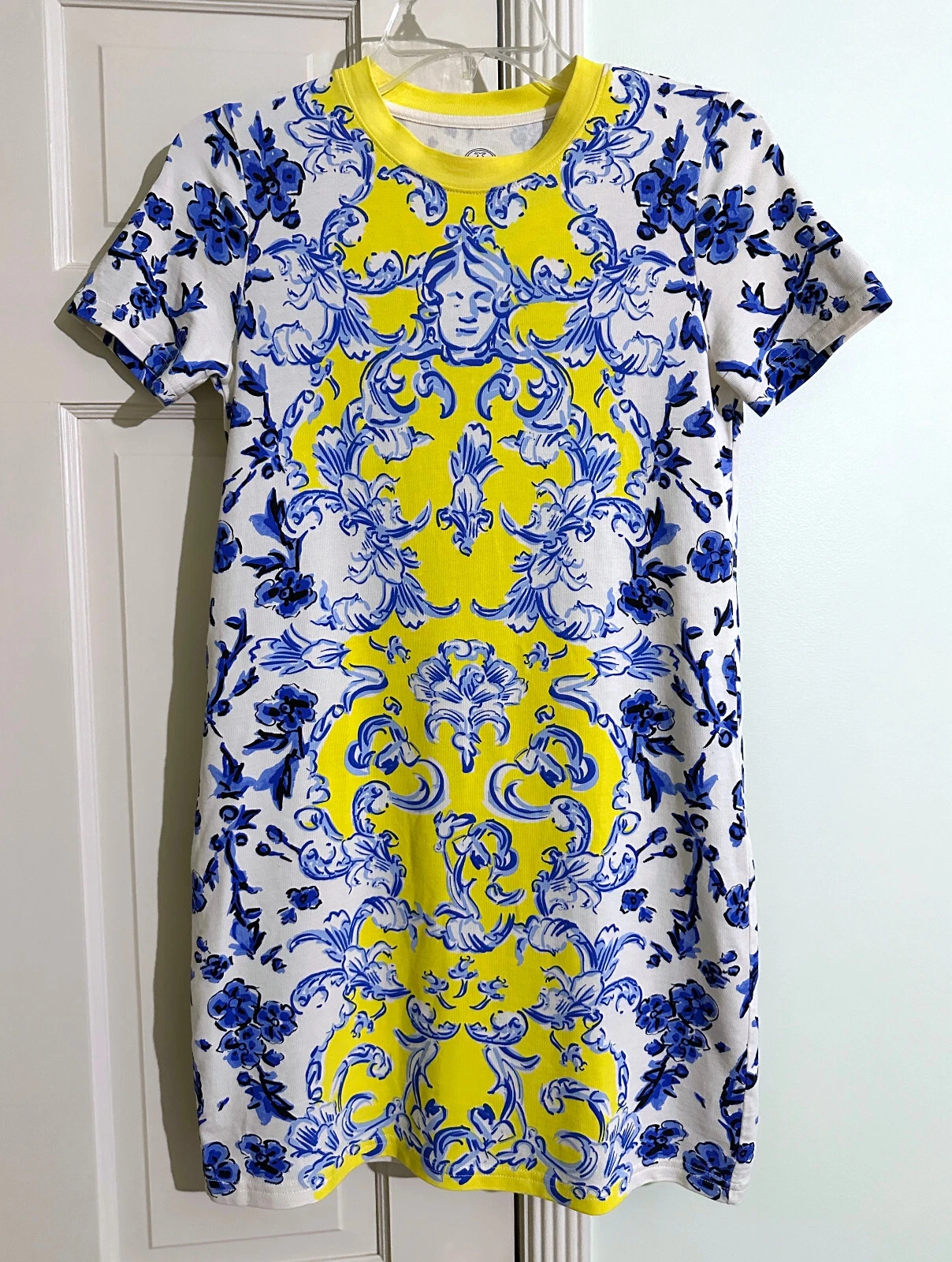 T shirt maglietta stampata Tory Burch mini abito giallo floreale vortice rami blu XXS
