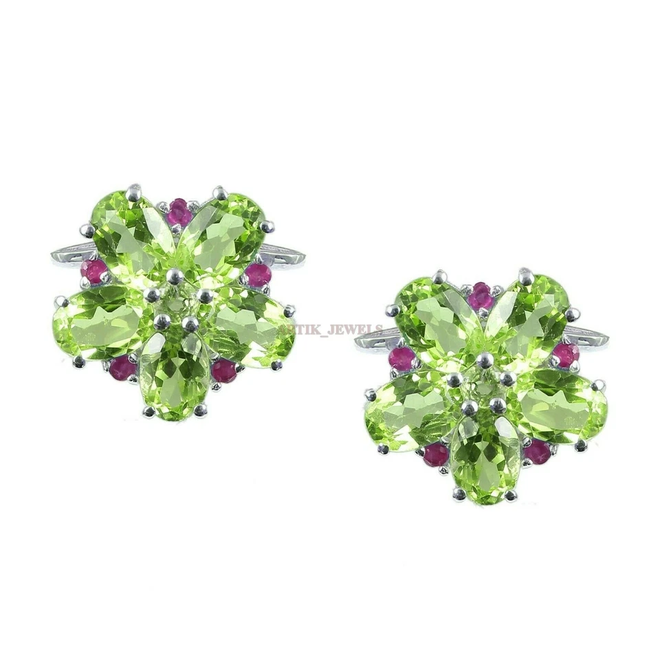 Piedra preciosa de peridoto natural y rubí térmico con gemelos de plata de ley 925 #2454 Foto 2 de 3