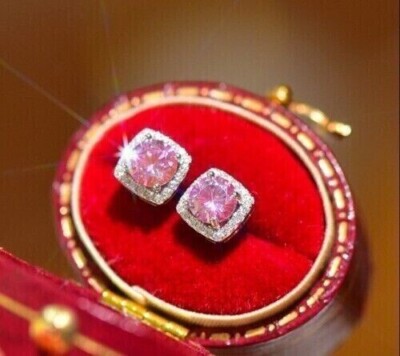 3Ct Round Lab-Created Pink Sapphire Diamond Halo Stud Earrings White Gold Plated