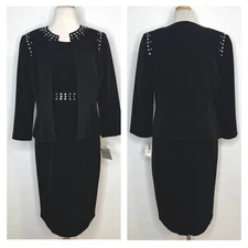 Kasper Womens Sleeveless Sheath Dress Jacket Set Size 6 Black Rhinestone Formal