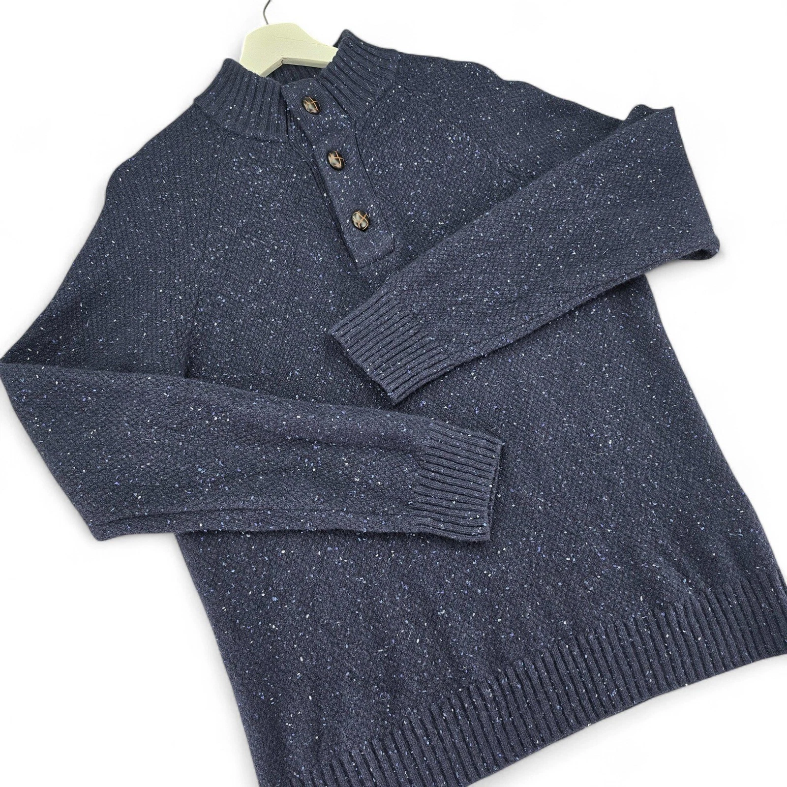 UNTUCKit Mens Medium Button Mock Neck Knit Sweater Blue Speckled Lambswool Blend