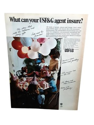1970 USF&G Insurance Print Ad Vintage Family Birthday Party Scene