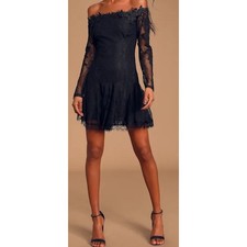 Lulus Black Off The Shoulder Lace Long Sleeve Flirty Fit Flare Mini Dress M