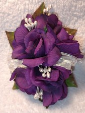 NEW Purple Artificial Rose Wrist Corsage With Iridescent Ribbon White Accents