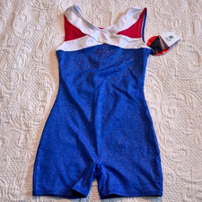 Freestyle girls L 10/12 blue white with red accents leotard gymnastic dance NEW