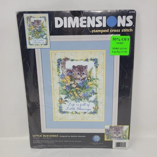 Dimensions Stamped Cat Kitten Cross Stitch "Little Blessings" 3198 Kit 10x14 New