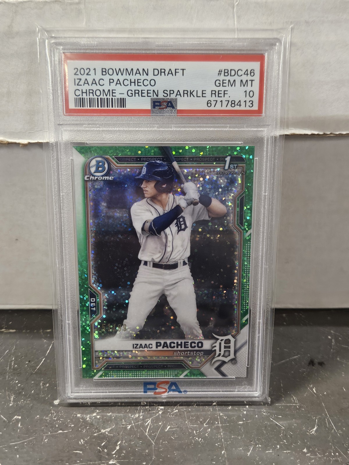 2021 Bowman Draft Chrome - Izaac Pacheco - Green Sparkle Ref. # /99 - PSA 10