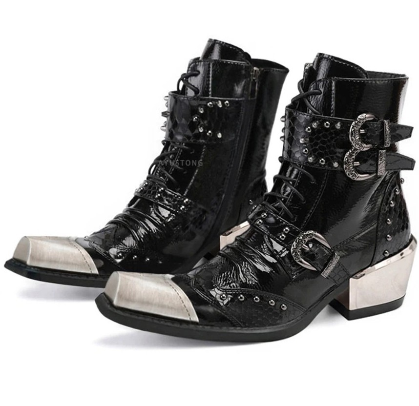 Botines de cuero con remache para hombre Zapatos occidentales Metal Punta puntiaguda Hebilla de vaquero OL