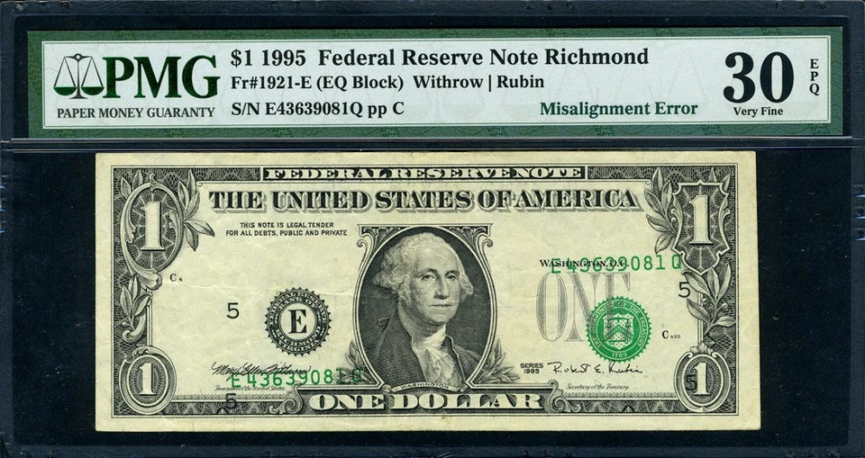 FR. 1921 E $1 1995 Federal Reserve Note ERROR Misalignment PMG VF30 EPQ - Image 2 of 3