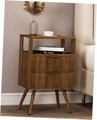 Nightstand,Modern Bedside Table with 2 Storage Drawer and Open Walnut Brown