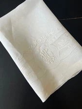 ANTIQUE  LINENS- FINE  TEA TOWEL WITH POINT DE PARIS SWANS, WHITEWORK EMBROIDERY