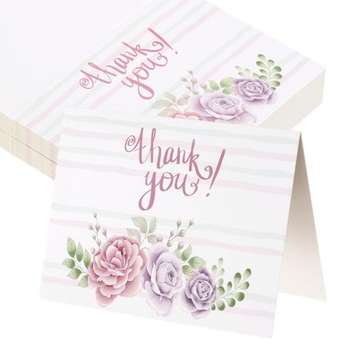 50Pcs Thank You Cards, Floral Folded Blank Cardstock, Pink Purple Style