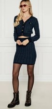 GUESS Women's Black Cable Knit 2-Piece Sweater Skirt Set V-Neck Button S