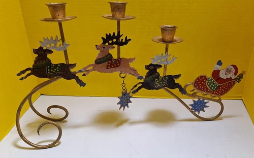 Christmas Candelabra - VTG Hand Painted, Santa, Reindeer, Antique, Candleholder - product listing photo