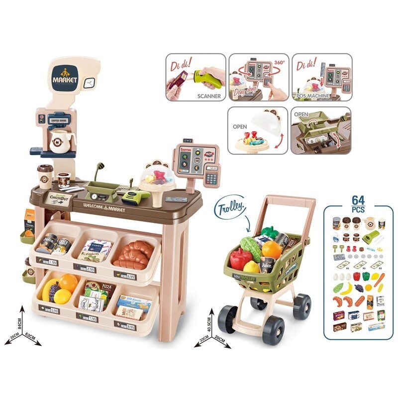 как выглядит Supermarket Play Set Toddlers W/ Shopping Cart Cash Register Play Food 64 Pieces фото
