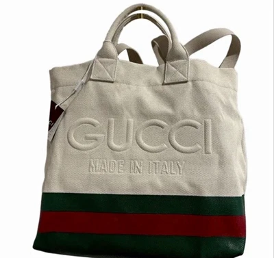 Gucci Canvas Tragetasche Beige grün-rot Streifen Logo Reißverschluss Innentasche - Bild 1 von 4
