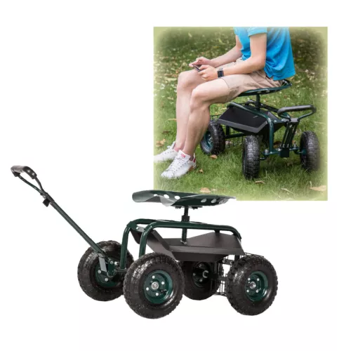 Mental Rolling Garden Cart w/Adjustable Swivel Seat Outdoor Utility Wagon Green