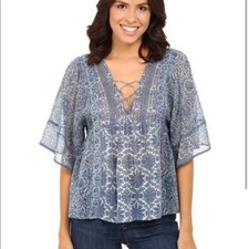 Joie scorpio silk blouse in faded sky French pattern with tassels size XS