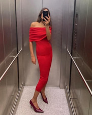 Zara Red Knit Stretch Off The Shoulder Long Midi Dress Size S New Bloggers Fave
