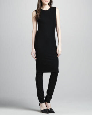 Vince Ribbed Pencil Dress Navy Fitted Sleeveless Knit Crew Neck