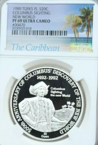 1989 TURKS & CAICOS SILVER 20 CROWNS SIGHTING NEW WORLD NGC PF 69 ULTRA CAMEO
