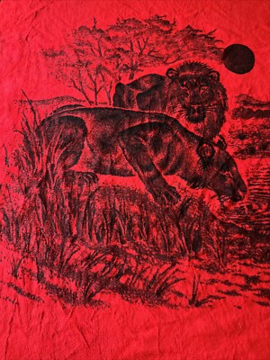 Vintage San Marcos Blanket Reversible Red And Black Lion And Lioness Full  Size