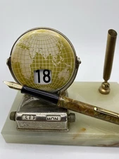 Waterman Ideal Desk Pen with Perpetual Onyx Globe Flip Over Calendar Base RARE