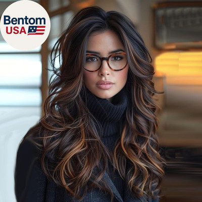 Long Wavy Highlight Brown Layered Wig with Curtain Bangs for Black Women Synthet