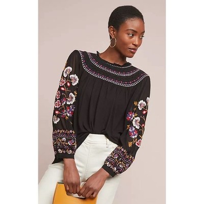 Anthropologie Akemi + Kin Louise Black Embroidered Floral Blouse Size Medium