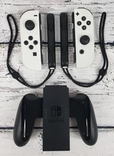 Nintendo Switch OLED White Joy-Cons (L/R) Controllers w/Straps & Grip - Tested