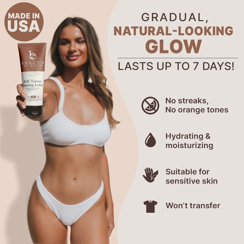 Brown bottle of Beauty by Earth Self Tanner with broner in white bikini top, labeled “Made in USA” and “No Orange Tones.”